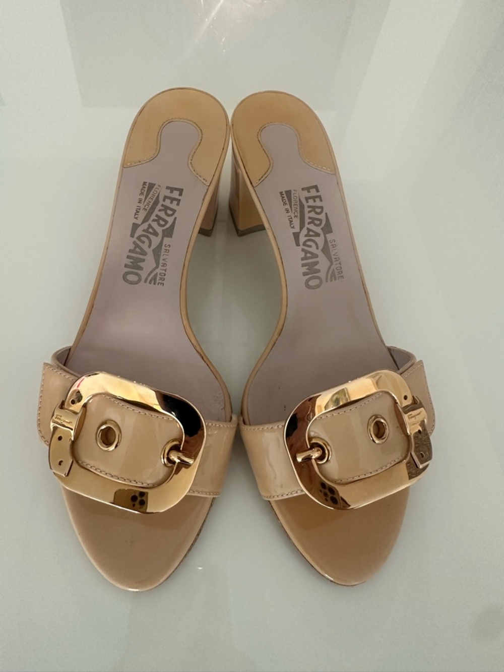 AUTHENTIC Salvatore Ferragamo Nude Leather Slide Mules with Gold Buckle